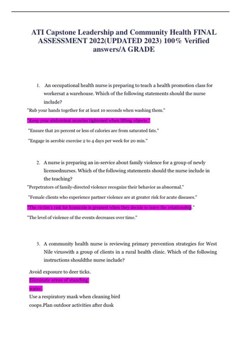 Ati capstone leadership and community health assessment quizlet - ATI Capstone Leadership & Community Health Pre-assessment Questions and Answers 2023 A nurse is developing a plan of care for a client who has anorexia nervosa. The nurse should identify that which of the following actions is contraindicated for this client? ... - Ati capstone leadership & community health pre-assessment questions and answers ...